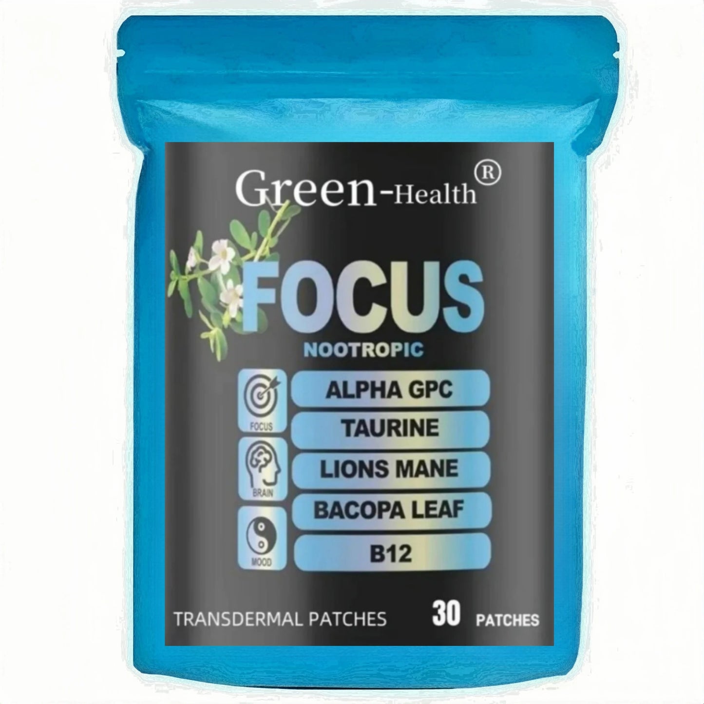 30 Patches – Focus 6-in-1 Nootropic Brain Patches With Lion’s Mane, Alpha GPC, Vitamin C &amp; B12, Taurine, and Bacopa